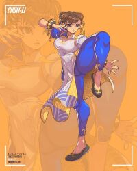 Rule 34 | 1girl, bracelet, breasts, brown eyes, brown hair, cameltoe, capcom, character name, chinese clothes, chun-li, earrings, edwin huang, fighting stance, full body, hair bun, highres, jewelry, large breasts, lips, nails, one leg raised, orange background, pants, pearl earrings, serious, shoes, street fighter, street fighter 6