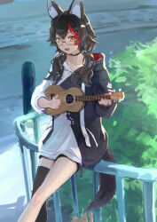 Rule 34 | 1girl, animal ear fluff, animal ears, black choker, black hair, black hoodie, black shorts, choker, collarbone, feet out of frame, flipped hair, hair between eyes, hair ornament, hairclip, highres, holding, holding instrument, hololive, hood, hoodie, instrument, multicolored hair, music, official alternate costume, official alternate hair length, official alternate hairstyle, on railing, ookami mio, ookami mio (casual), open mouth, outdoors, paw print, paw print pattern, playing instrument, railing, red hair, short shorts, shorts, single thighhigh, sitting, solo, spiked hair, streaked hair, tail, thighhighs, two-tone hoodie, ukulele, virtual youtuber, white hoodie, wolf ears, wolf girl, wolf tail, yami ara, yellow eyes