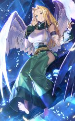 Rule 34 | 1girl, ainu clothes, amanohana, angel wings, aquaplus, barefoot, blonde hair, blue eyes, breasts, dress, feathered wings, feathers, feet, from below, full body, green scarf, hair over breasts, hair over one breast, hair over one eye, hair over shoulder, highres, hip vent, large breasts, large wings, leotard, leotard under clothes, long hair, long legs, looking at viewer, nose, official art, parted lips, scarf, sitting, sleeveless, smirk, solo, thighs, ulthury, utawarerumono, utawarerumono: lost flag, wavy hair, wings