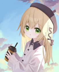 Rule 34 | 1girl, :o, beret, black hat, blonde hair, blue sky, cloud, collared shirt, cup, day, disposable cup, dress shirt, drinking straw, green eyes, hair between eyes, hair ornament, hairclip, hat, holding, holding cup, long hair, long sleeves, looking at viewer, original, outdoors, parted lips, puffy long sleeves, puffy sleeves, shirt, sky, sleeves past wrists, solo, upper body, waka (yuuhagi (amaretto-no-natsu)), white shirt, yuuhagi (amaretto-no-natsu)