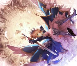 Rule 34 | 1girl, 6+boys, adapted costume, ahoge, armor, armored dress, arms up, army, artoria pendragon (all), artoria pendragon (fate), blonde hair, breasts, cape, copyright name, crown, daizo, dress, english text, engrish text, excalibur (fate/stay night), fate/zero, fate (series), faulds, feathers, flag, frown, full armor, futsuka (dzone), greaves, green eyes, hair bun, halberd, helm, helmet, highres, holding, javelin, knight, multiple boys, polearm, ranguage, saber (fate), shield, short hair, single hair bun, skirt, small breasts, sparkle, spear, sword, thighhighs, vambraces, weapon, white thighhighs