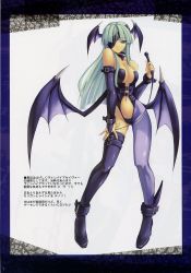 Rule 34 | 1girl, bat wings, boots, capcom, green hair, head wings, highres, holding, holding riding crop, morrigan aensland, nail polish, pantyhose, purple nails, riding crop, scan, shingo (missing link), skin tight, solo, thighhighs, vampire (game), whip, white background, wings