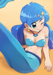 Rule 34 | 1girl, absurdres, arm strap, arm support, bare shoulders, blue eyes, blue hair, blue tail, breasts, cleavage, closed mouth, collarbone, commentary request, commission, earrings, hair ornament, hasegawa (hase popopo), highres, houshou hanon, jewelry, long hair, looking to the side, medium breasts, mermaid, mermaid melody pichi pichi pitch, monster girl, navel, necklace, sand, shadow, shell, shell bikini, shell necklace, sidelocks, sitting, skeb commission, solo, star (symbol), star earrings, star hair ornament, stomach, sweat, tail raised