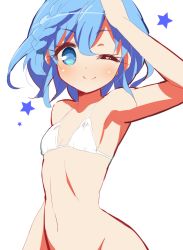 Rule 34 | 1girl, 9law, ;), bad id, bad pixiv id, bikini, bikini top only, blue eyes, blue hair, blush, bottomless, breasts, dorothy west, flat chest, highres, looking at viewer, matching hair/eyes, one eye closed, pretty series, pripara, short hair, simple background, small breasts, smile, solo, star (symbol), swimsuit, white background, white bikini