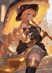 Rule 34 | 1girl, bare shoulders, black flower, black gloves, black hat, black rose, blonde hair, blue eyes, breasts, commentary request, detached sleeves, dress, drill hair, drill sidelocks, flower, genshin impact, gloves, gold trim bow, hat, hat feather, hat flower, highres, holding, holding umbrella, jewelry, lace-trimmed collar, lace trim, lack, long hair, looking at viewer, medium breasts, navia (genshin impact), rose, sidelocks, smile, solo, strapless, strapless dress, umbrella, very long hair, yellow flower, yellow rose