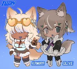 Rule 34 | 2girls, ahoge, animal ear fluff, animal ears, animal hands, black hanbok, black leg warmers, black pantyhose, blue background, blue leotard, blue ribbon, boots, borrowed character, bow, brown gloves, brown hair, brown skirt, chest harness, chibi, chibi only, chow chow, colored tongue, commentary, dark-skinned female, dark skin, dog ears, dog girl, dog tail, ear ribbon, english commentary, facing viewer, fang, full body, fur-trimmed footwear, fur-trimmed skirt, fur collar, fur trim, gloves, gradient background, green eyes, grey eyes, grey footwear, grey skirt, hair between eyes, hair ornament, hair over eyes, hairpin, hanbok, hand on own hip, harness, korean clothes, lapithai, leotard, long sleeves, looking at viewer, low twintails, medium hair, multiple girls, open mouth, original, pantyhose, partially fingerless gloves, paw gloves, piercing, pigeon-toed, purple tongue, ribbon, short eyebrows, simple background, skirt, snowing, solo, standing, tail, tongue, tongue out, tongue piercing, twintails, two side up, v