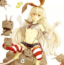 Rule 34 | 10s, 1girl, :o, ^^^, absurdres, black panties, blonde hair, breasts, crop top, crop top overhang, elbow gloves, gloves, hair ornament, hair ribbon, hairband, hews, highres, kantai collection, lifebuoy, long hair, midriff, navel, open mouth, panties, pantyshot, personification, rensouhou-chan, ribbon, shimakaze (kancolle), shiny skin, simple background, sitting, skindentation, skirt, small breasts, solo, spoken squiggle, squiggle, striped clothes, striped thighhighs, swim ring, thighhighs, underboob, underwear, upskirt, very long hair, wariza, white gloves, yellow eyes