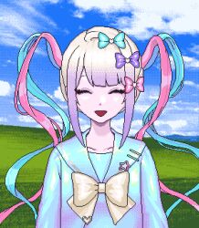 Rule 34 | 1girl, animated, animated gif, bliss (image), blonde hair, blue bow, blue eyes, blue hair, bow, chouzetsusaikawa tenshi-chan, cursor, eencya, hair bow, hair ornament, heart, heart hair ornament, holographic clothing, iridescent, long hair, long sleeves, looking at viewer, microsoft windows, mousou dairinin, multicolored hair, multicolored nails, multiple hair bows, needy girl overdose, open mouth, parody, pink bow, pink hair, purple bow, quad tails, sailor collar, school uniform, shirt, skirt, smile, solo, twintails, window (computing), yellow bow
