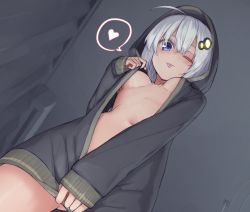 Rule 34 | 1girl, ;p, ahoge, black hoodie, blue eyes, blush, breasts, breasts apart, closed mouth, commentary, commission, cowboy shot, dutch angle, from below, gluteal fold, hair ornament, heart, hood, hood up, hoodie, indoors, jacket, kawama shuusuke, kizuna akari, long sleeves, looking at viewer, looking down, medium breasts, naked jacket, navel, no bra, one eye closed, short hair, silver hair, skeb commission, sleeves past wrists, smile, solo, speech bubble, spoken heart, tongue, tongue out, underboob, undressing, vocaloid, voiceroid