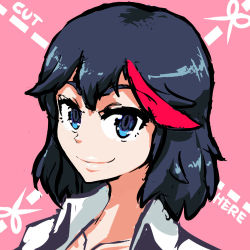 Rule 34 | 10s, 1girl, black hair, blue eyes, commentary, dotted line, english text, kill la kill, looking at viewer, lowres, matoi ryuuko, multicolored hair, red hair, smile, solo, triple-q, two-tone hair