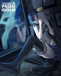 Rule 34 | 1girl, blue hair, book, breasts, holding, holding book, kamitoge supino, leotard, open mouth, original, paleo idol, reading, red eyes, reflection, small breasts, soles, solo, thighhighs