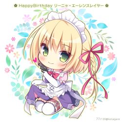 Rule 34 | 1girl, apron, bad id, bad pixiv id, belt, belt buckle, blonde hair, blush, braid, breasts, brown belt, buckle, character name, chibi, closed mouth, collared shirt, commentary request, elbow gloves, floral background, frilled apron, frills, full body, gloves, gun, hair ribbon, handgun, happy birthday, holding, holding gun, holding weapon, leg belt, linja oehlenslaeger, long hair, maid, maid headdress, medium breasts, pink ribbon, pink shirt, puffy short sleeves, puffy sleeves, purple skirt, revolver, ribbon, ryuuka sane, seiza, shirt, short sleeves, side braid, sitting, skirt, smile, solo, thighhighs, twitter username, unmei senjou no phi, weapon, white apron, white gloves, white thighhighs