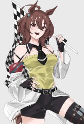 Rule 34 | adapted costume, agnes tachyon (umamusume), ahoge, alternate costume, animal ears, armpit crease, bare shoulders, black necktie, black shorts, black thighhighs, brown hair, checkered flag, commentary request, cork, cowboy shot, detached collar, earrings, fingerless gloves, flag, gloves, grey background, hair between eyes, hand on own hip, highres, holding, holding flag, holding test tube, holster, horse ears, horse girl, horse tail, jacket, jacket partially removed, jewelry, messy hair, necktie, open mouth, race queen, shorts, simple background, single earring, sleeveless, sleeveless sweater, smile, sweater, tail, test tube, thigh holster, thighhighs, umamusume, yaegashi isa, yellow sweater