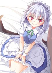 Rule 34 | 1girl, apron, bad id, bad pixiv id, bat wings, bed sheet, blue hair, blue skirt, blue vest, blush, breasts, commentary request, cosplay, dutch angle, frilled apron, frilled shirt collar, frills, green ribbon, hair between eyes, highres, ina (inadahime), izayoi sakuya, izayoi sakuya (cosplay), looking at viewer, maid, maid headdress, neck ribbon, petticoat, puffy short sleeves, puffy sleeves, red eyes, remilia scarlet, ribbon, seiza, shirt, short hair, short sleeves, sitting, skirt, skirt set, small breasts, smile, solo, touhou, vest, waist apron, white apron, white shirt, wings, wrist cuffs