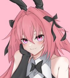 Rule 34 | 1boy, astolfo (fate), astolfo (saber) (fate), black gloves, blush, bow, bowtie, braid, crossdressing, fang, fate/grand order, fate (series), gloves, hair between eyes, hair intakes, happy, highres, light smile, long hair, male focus, multicolored hair, pink background, pink hair, purple eyes, ribbon, simple background, streaked hair, trap, upper body