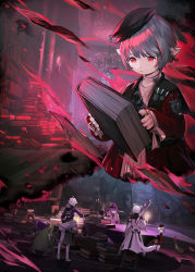 Rule 34 | black headwear, book, book stack, candle, chandelier, character request, coney, final fantasy, final fantasy xiv, grey hair, hat, highres, holding, holding book, jewelry, pointy ears, red eyes, ring, short hair, solo focus, table, warrior of light (ff14), witch hat