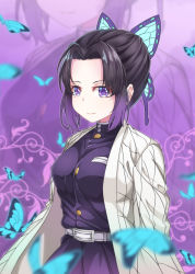 Rule 34 | 1girl, absurdres, animal, belt, belt buckle, black hair, blurry, blurry foreground, breasts, buckle, bug, butterfly, butterfly hair ornament, closed mouth, commentary request, depth of field, forehead, gradient hair, hair ornament, highres, insect, jacket, kimetsu no yaiba, kochou shinobu, looking at viewer, medium breasts, multicolored hair, open clothes, parted bangs, pleated skirt, purple background, purple eyes, purple hair, purple jacket, purple skirt, skirt, smile, solo, white belt, zongren, zoom layer