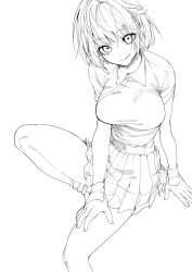 Rule 34 | 1girl, :q, bad id, bad twitter id, blunt bangs, breasts, egaki numa, greyscale, highres, large breasts, medium breasts, monochrome, original, pleated skirt, short hair, simple background, sitting, skirt, smile, solo, tongue, tongue out
