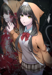 Rule 34 | 1girl, absurdres, animal, animal on head, asakura karen (heaven burns red), black hair, blood, blood on mirror, bow, bowtie, broken glass, broken mirror, cat, cat on head, cat tail, checkered floor, collared shirt, cowboy shot, dark persona, different reflection, evil grin, evil smile, glass, grin, hand on mirror, heaven burns red, highres, hood, hood up, hoodie, long hair, long sleeves, looking at viewer, low twintails, mirror, nil (pixiv 53614557), on head, open mouth, plaid, plaid skirt, pleated skirt, red eyes, reflection, school uniform, sharp teeth, shirt, skirt, smile, sweater, tail, teeth, twintails, yellow eyes