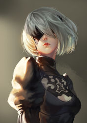 Rule 34 | 1girl, black dress, black hairband, blindfold, breasts, cleavage, cleavage cutout, clothing cutout, covered eyes, dress, gatorix, hair over eyes, hair over one eye, hairband, juliet sleeves, lips, lipstick, long sleeves, makeup, medium breasts, nier (series), nier:automata, no mole, nose, parted lips, pink lips, pink lips, puffy sleeves, ribbed dress, short hair, silver hair, solo, turtleneck, upper body, 2b (nier:automata)