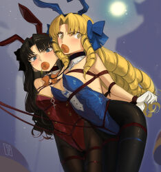 Rule 34 | 2girls, animal ears, bare shoulders, bdsm, black hair, black pantyhose, blonde hair, blue eyes, blue leotard, blush, bondage, bound, bow, breasts, brown pantyhose, cad (caddo), carrot, cleavage, covered navel, detached collar, drill hair, fake animal ears, fate/hollow ataraxia, fate/stay night, fate (series), female focus, gloves, hair bow, highleg, highleg leotard, highres, large breasts, leotard, long hair, looking at viewer, luviagelita edelfelt, matching hair/eyes, medium breasts, mouth hold, multiple girls, pantyhose, parted bangs, playboy bunny, quad drills, rabbit ears, red leotard, restrained, shibari, thighs, tohsaka rin, two side up, white gloves, yellow eyes