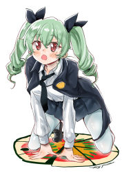 Rule 34 | 10s, 1girl, absurdres, all fours, anchovy (girls und panzer), black footwear, black necktie, black ribbon, black skirt, blouse, blush, blush stickers, cape, drill hair, emblem, eyebrows, girls und panzer, green hair, hair between eyes, hair ribbon, highres, loafers, long hair, long sleeves, looking at viewer, necktie, open mouth, pantyhose, pleated skirt, red eyes, ribbon, school uniform, shirt, shoes, shoulder belt, skirt, solo, takuji yuusaku, twin drills, twintails, white pantyhose, white shirt