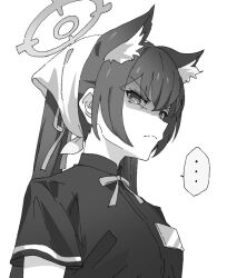 Rule 34 | 1girl, angry, animal ear fluff, animal ears, blue archive, blue archive the animation, cat ears, closed mouth, extra ears, halo, long hair, looking at viewer, momomatang, monochrome, official alternate costume, serika (blue archive), short sleeves, simple background, solo, twintails, waitress, white background