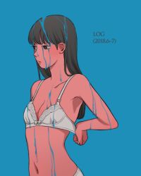 Rule 34 | 1girl, blue background, bra, breasts, cleavage, dated, grey eyes, grey hair, liquid, looking away, midriff, navel, original, panties, parted lips, removing bra, shokugyo, small breasts, solo, underwear, undressing