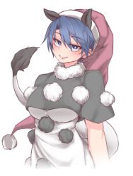 Rule 34 | 1girl, animal ears, black capelet, blue eyes, blue hair, breasts, bright pupils, capelet, closed mouth, cropped torso, doremy sweet, half-closed eyes, hat, kuroba rapid, looking at viewer, medium breasts, nightcap, pom pom (clothes), red hat, simple background, smile, solo, tail, tapir ears, tapir tail, touhou, white background, white pupils