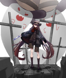 1girl absurdres blurry brown_hair cowboy_hat depth_of_field full_body genshin_impact ghost hat highres holding holding_weapon hu_tao_(genshin_impact) long_hair looking_at_viewer qixia red_eyes standing twintails weapon