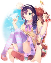 Rule 34 | 10s, 1girl, ;), braid, breasts, cake, candy, chef hat, cherry, food, fruit, gradient background, green eyes, hair over shoulder, hairband, hat, long hair, love live!, love live! school idol festival, love live! school idol project, mary janes, medium breasts, mini hat, nonono (nononotea), nononon, one eye closed, purple hair, shoes, single braid, smile, solo, striped clothes, striped thighhighs, thighhighs, toujou nozomi