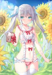 Rule 34 | 1girl, absurdres, bare shoulders, blue eyes, blue sky, bow, breasts, closed mouth, cloud, cloudy sky, collarbone, cowboy shot, day, detached collar, flower, frills, gluteal fold, hair bow, highres, holding, long hair, looking at viewer, miwabe sakura, navel, original, outdoors, scan, silver hair, sky, small breasts, smile, solo, standing, stomach, sunflower, thighhighs, thighs, twintails, very long hair, water, water drop, white thighhighs