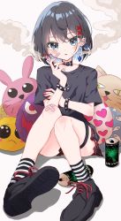 Rule 34 | 1girl, absurdres, between fingers, black collar, black footwear, black hair, black shirt, blue eyes, can, cigarette, collar, commentary request, ear piercing, emoji, hair between eyes, hair ornament, hand up, highres, holding, holding cigarette, kayon (touzoku), looking at viewer, original, parted lips, piercing, plaid, plaid skirt, pleading face emoji, pleated skirt, red skirt, shirt, shoe soles, short sleeves, skirt, smoke, smoking, socks, soles, solo, striped clothes, striped socks, stuffed animal, stuffed cat, stuffed rabbit, stuffed toy, wing earrings, x hair ornament