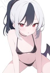 Rule 34 | 1girl, absurdres, bare arms, bare legs, bare shoulders, bikini, black bikini, black hair, black wings, blue archive, blush, breasts, chinese commentary, cowboy shot, demon wings, grey hair, halo, highres, jyt, kayoko (blue archive), long hair, looking at viewer, multicolored hair, navel, open mouth, ponytail, red eyes, simple background, single wing, small breasts, solo, swimsuit, white background, wings