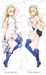 Rule 34 | 1girl, aiz wallenstein, arm up, ass, bare shoulders, bed sheet, blonde hair, boots, breasts, clothes pull, commentary request, covered navel, dakimakura (medium), dress, dress pull, dungeon ni deai wo motomeru no wa machigatteiru darou ka, from above, full body, kanakokurusu, long hair, looking at viewer, lying, medium breasts, multiple views, nipples, on back, panties, sideboob, simple background, solo, thigh boots, thighhighs, underwear, white dress, yellow eyes