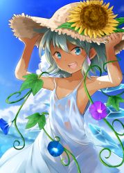 Rule 34 | 1girl, :d, blue eyes, blue hair, blue sky, bobu (bovyo222), cirno, cloud, day, dress, flower, hands on headwear, hidden star in four seasons, highres, ice, ice wings, open mouth, plant, short hair, sky, smile, solo, sundress, sunflower, tan, tanned cirno, touhou, vines, wings