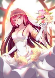 Rule 34 | 1girl, bare shoulders, bridal veil, bride, dress, fate/grand order, fate (series), flower, gloves, highres, jewelry, jiuling, long hair, necklace, red eyes, red hair, rose, scathach (fate), scathach (fate), solo, strapless, strapless dress, veil, wedding, wedding dress, white dress