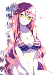 1girl aqua_eyes bikini bikini_top_only bottomless breasts cleavage female_focus flower hair_flower hair_ornament head_tilt large_breasts lips long_hair megurine_luka mole pale_skin pink_hair shuri_(84k) solo sunglasses swimsuit v_arms very_long_hair vocaloid