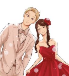 Rule 34 | 1boy, 1girl, bare arms, bare shoulders, blonde hair, bow, bowtie, breasts, brown hair, closed eyes, collarbone, collared shirt, cowboy shot, dress, flower, formal, grey bow, grey bowtie, grey eyes, grey jacket, grey pants, grey suit, hair flower, hair ornament, highres, jacket, light blush, long dress, long sleeves, looking at viewer, medium breasts, pants, parted bangs, red flower, shirt, short hair, sidelocks, smile, spy x family, strapless, strapless dress, suit, suit jacket, swept bangs, tori (runrunpiia), twilight (spy x family), waistcoat, white background, white shirt, yor briar