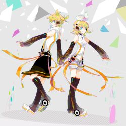 Rule 34 | 1boy, 1girl, arm warmers, bare shoulders, blonde hair, blue eyes, brother and sister, detached sleeves, hair ornament, hair ribbon, hairclip, hako (swimjelly), holding hands, headphones, kagamine len, kagamine len (append), kagamine rin, kagamine rin (append), leg warmers, midriff, navel, ribbon, short hair, shorts, siblings, standing, twins, vocaloid, vocaloid append