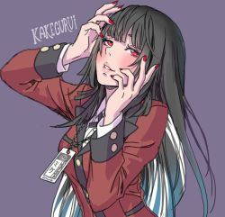 Rule 34 | 1girl, black hair, blunt bangs, blush, breasts, commentary request, eyelashes, hands on own face, hime cut, jabami yumeko, jacket, jewelry, kakegurui, lips, long hair, long sleeves, looking at viewer, medium breasts, nail polish, necklace, parted lips, purple background, red eyes, school uniform, sketch, smile, solo, suit jacket, upper body, very long hair, yamashita shun&#039;ya