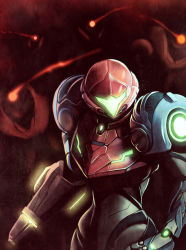 Rule 34 | 1girl, 1other, arm cannon, armor, commentary request, cowboy shot, doregusu, glowing, helmet, highres, looking at viewer, metroid, metroid dread, nintendo, power suit, red background, samus aran, shadow, shoulder armor, solo focus, sparkle, standing, visor, weapon