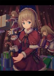 Rule 34 | 1girl, ^ ^, alice margatroid, alternate costume, alternate hairstyle, apron, arm up, bad id, bad pixiv id, bell, blonde hair, blue eyes, blurry, blurry background, box, brooch, candy, candy cane, capelet, christmas stocking, christmas tree, closed eyes, commentary, curtains, depth of field, dress, english commentary, flying, food, fur-trimmed capelet, fur-trimmed dress, fur trim, gift, gift box, hair ribbon, hairband, highres, holding, holding box, holding gift, indoors, jewelry, letterboxed, light particles, lolita hairband, long hair, long sleeves, looking at viewer, night, ookashippo, red dress, ribbon, shanghai doll, short hair, smile, solo, touhou, waist apron, window