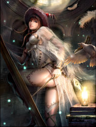 Rule 34 | 1girl, arch, ass, bird, book, book stack, bookshelf, braid, breasts, brown hair, brown legwear, bustier, climbing ladder, cross-laced footwear, dove, feathers, hat, ladder, lantern, legend of the cryptids, light rays, lips, looking at viewer, looking back, railing, see-through, shadow, solo, sunbeam, sunlight, twin braids, wand, witch hat, yuizoh