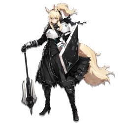Rule 34 | 1girl, animal ear fluff, animal ears, arknights, armor, armored gloves, axe, black dress, black footwear, black gloves, black jacket, black scarf, black skirt, blonde hair, boots, breastplate, breasts, closed mouth, dress, elbow gloves, expressionless, floating hair, full body, gloves, hair between eyes, headset, high heel boots, high heels, holding, holding shield, holding weapon, horse ears, horse girl, horse tail, jacket, knee pads, large breasts, long hair, looking at viewer, nearl (arknights), official art, orange eyes, pauldrons, ponytail, ryuuzaki ichi, scarf, shield, shoulder armor, sidelocks, skirt, solo, tachi-e, tail, torn clothes, torn scarf, transparent background, weapon, white armor, wind, yellow eyes