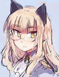 Rule 34 | 1girl, animal ears, ascot, bad id, bad twitter id, blonde hair, blue background, cat ears, long hair, military, military uniform, ohashi (hashidate), perrine h. clostermann, purple background, simple background, solo, strike witches, uniform, upper body, world witches series, yellow eyes