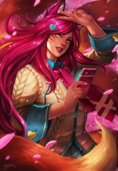 Rule 34 | 1girl, academy ahri, ahri (league of legends), animal ears, cellphone, fox ears, fox tail, highres, league of legends, looking at viewer, manusia-no-31, multiple tails, phone, pink hair, solo, tail, upper body