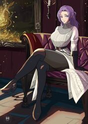 Rule 34 | 1girl, black footwear, black gloves, blue eyes, boots, candle, couch, crossed legs, dress, elden ring, gloves, highres, ihsnet, long hair, looking at viewer, original, painting (object), purple hair, sitting, smile, solo, tarnished (elden ring), thigh boots, watermark, white dress