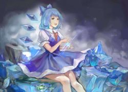 Rule 34 | 1girl, absurdres, blue dress, blue eyes, blue hair, bow, cirno, cloud, dress, eyelashes, frozen frog, hair bow, highres, ice, legs together, looking to the side, night, open mouth, outdoors, puffy short sleeves, puffy sleeves, re21, red ribbon, ribbon, short hair, short sleeves, sitting, solo, touhou, wings