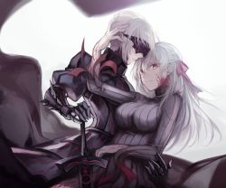 Rule 34 | 2girls, armor, armored dress, artoria pendragon (fate), braid, corruption, dark persona, dark sakura, excalibur morgan (fate), fate/stay night, fate (series), french braid, full armor, gauntlets, hair ribbon, hand on another&#039;s head, headpiece, long hair, long sleeves, looking at viewer, matou sakura, multiple girls, planted sword, planted, puffy long sleeves, puffy sleeves, red eyes, ribbon, saber (fate), saber alter, short hair, smile, striped, sword, turtleneck, weapon, white background, white hair, wind, wind lift, wowishi, yellow eyes